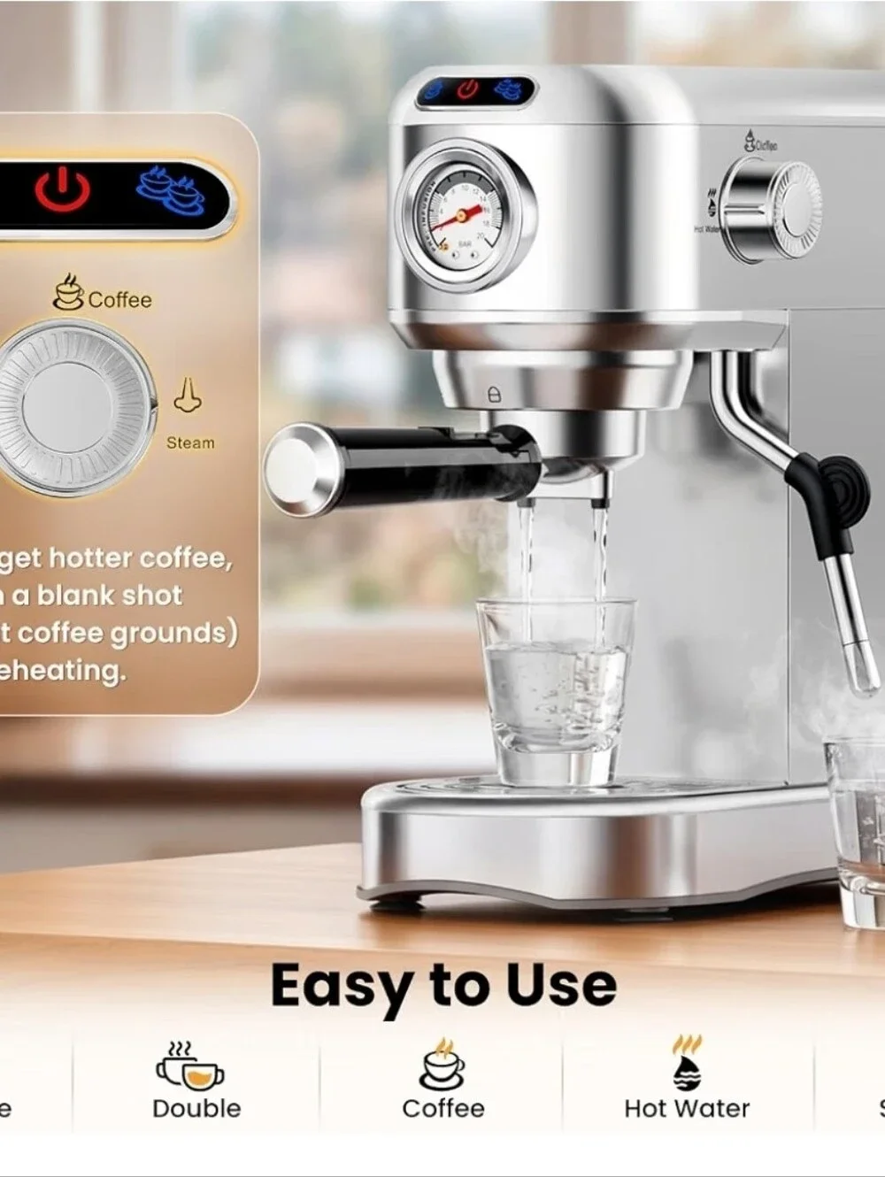 Stainless Steel Espresso Machine with Steam Wand - Silver